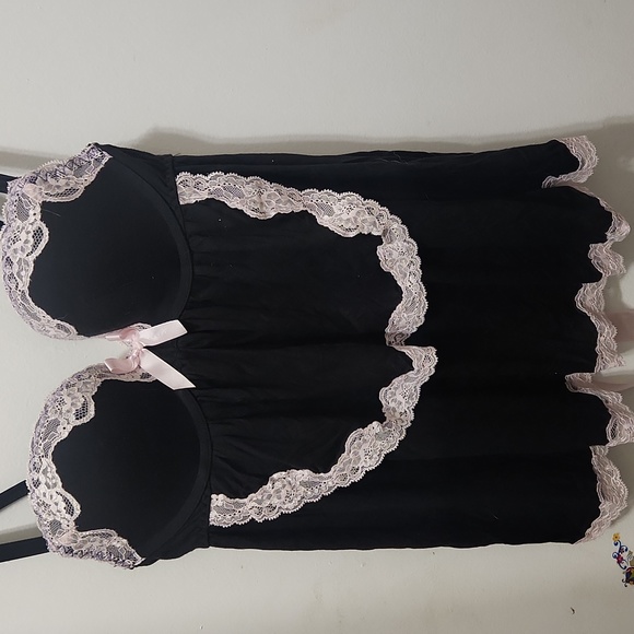 Victoria's Secret Babydoll Chemise Padded Underwire Black Pink Bow Back Lace 34C - Picture 2 of 6